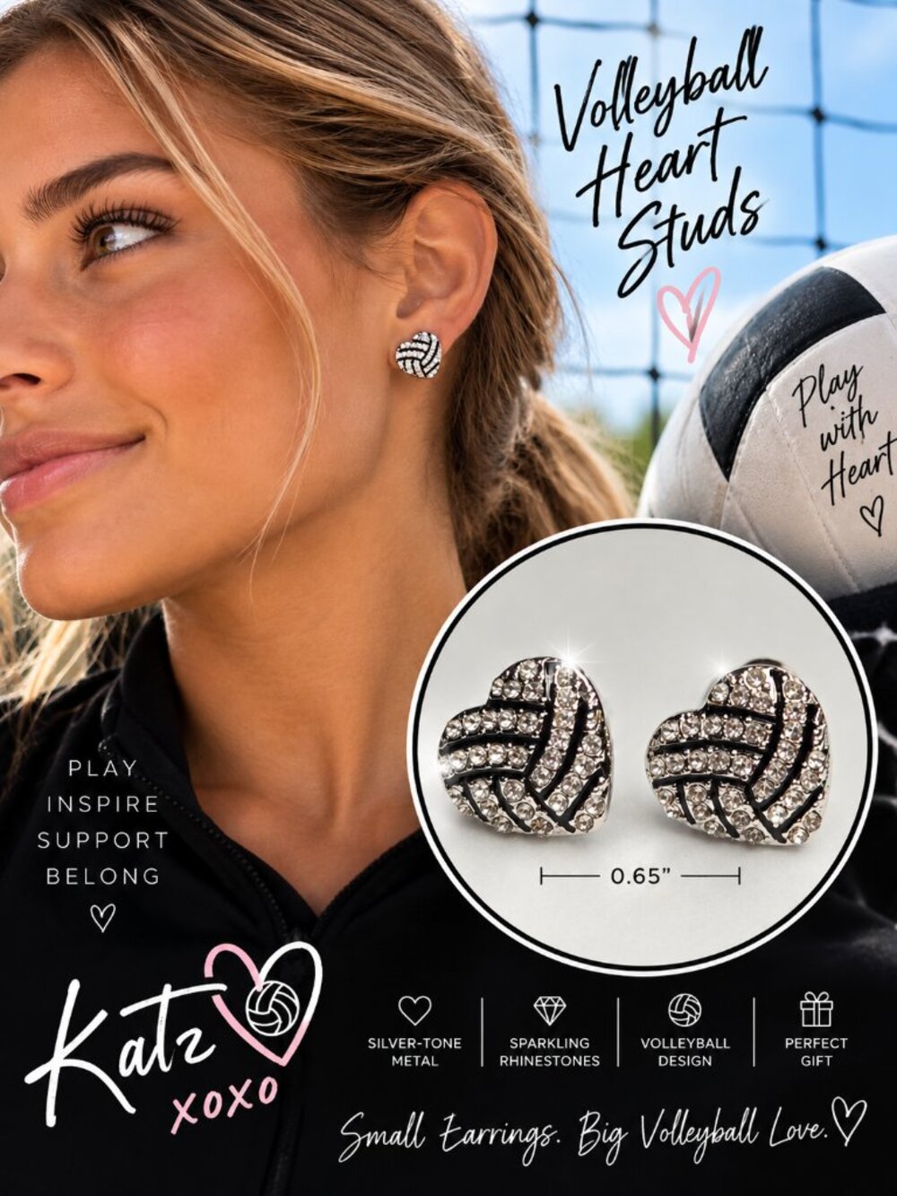 Volleyball Heart Earrings Rhinestone Studs Silver Pave Sports Mom Player Jewelry